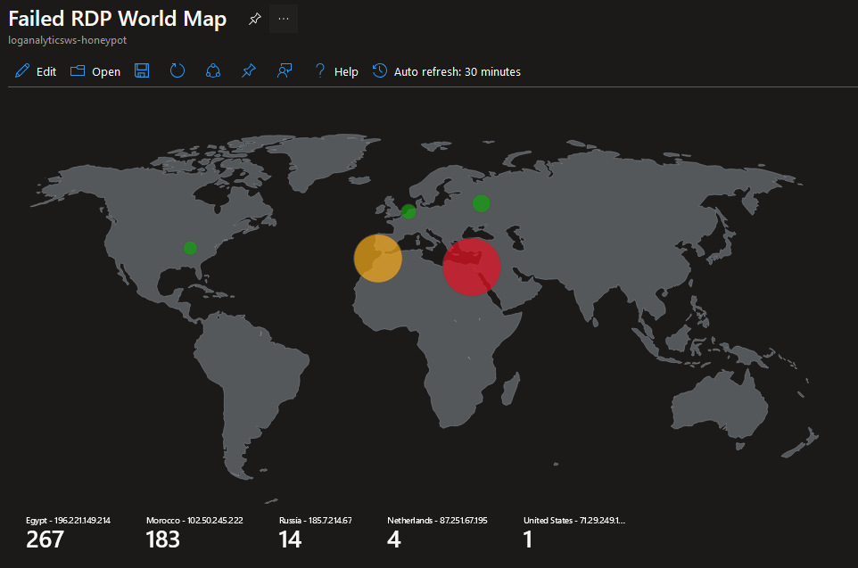 A map of the world showing the locations of RDP attacks against the honeypot.