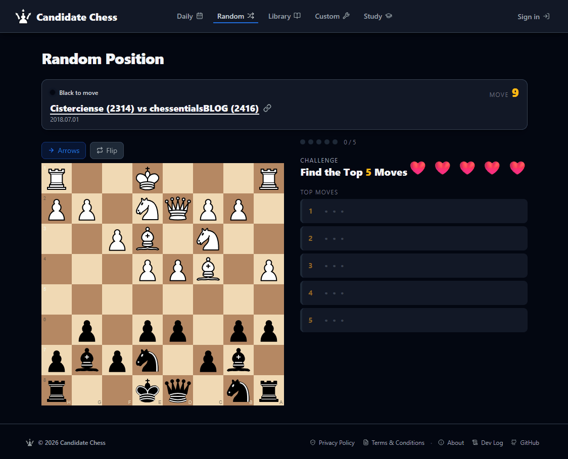 CandidateChess.com gameplay preview showing the board and candidate-move analysis.