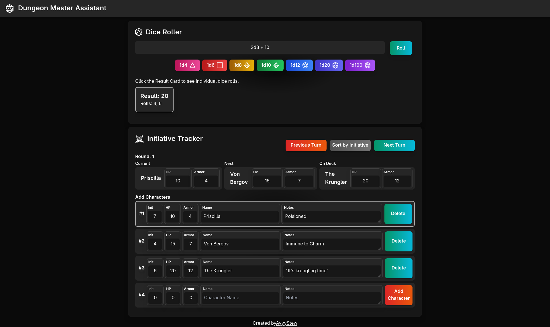 A screenshot of the DungeonMasterAssistant.com web app showing a list of NPCs and their stats.