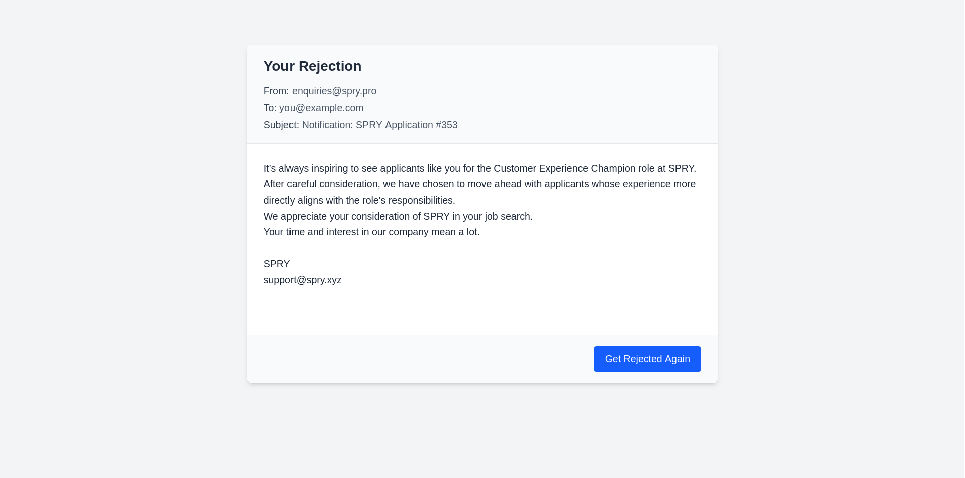 A screenshot of the Rejection Simulator web app showing a generated rejection email.